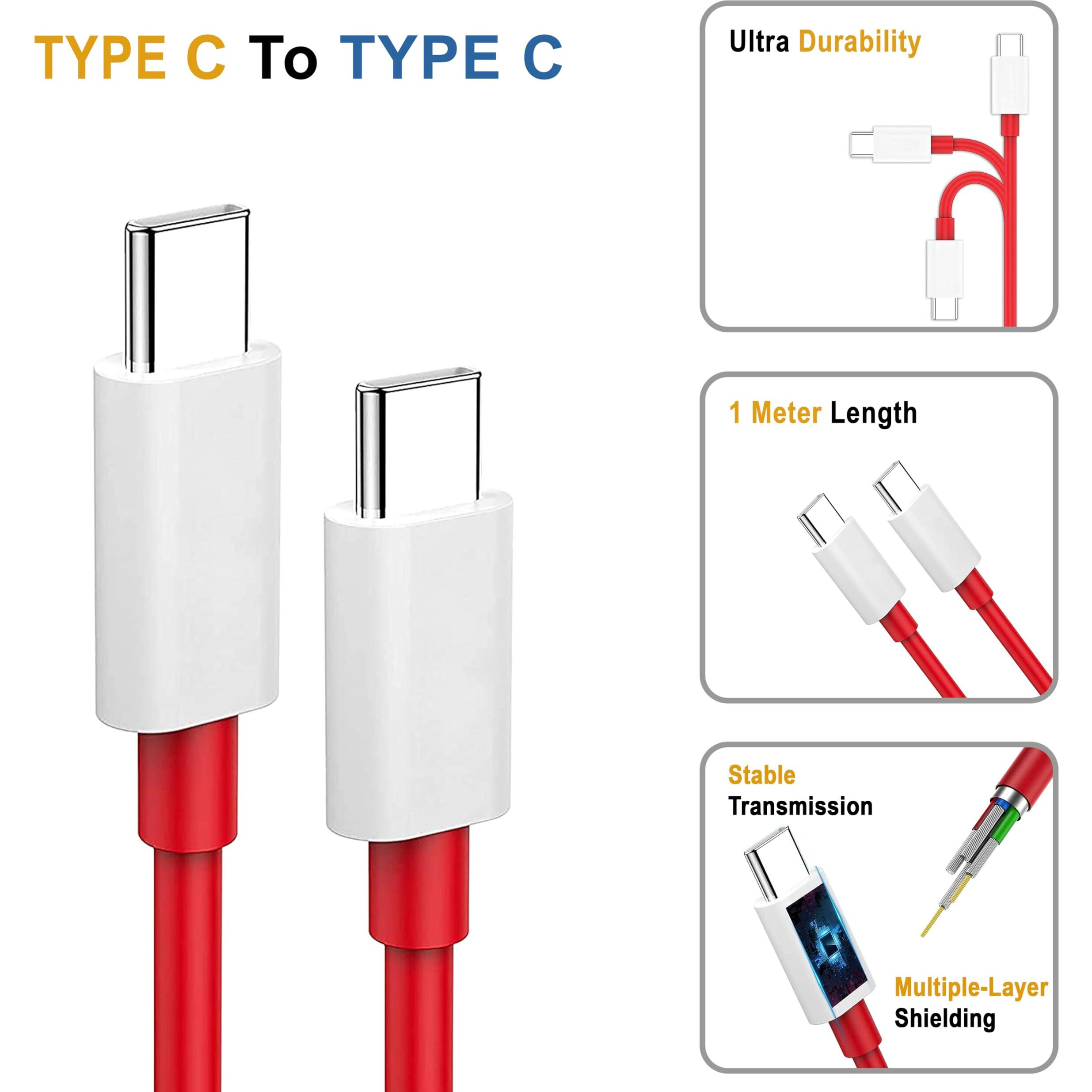 CEDO 65W OnePlus Dash Warp Charge Cable | 6.5A USB Type C to C PD Data Sync Fast Charging Cable Compatible with One Plus 8T / 9 / 9R / 9 Pro / 9RT / 10R / Nord & for All Type C Devices 1 Meter (Red)