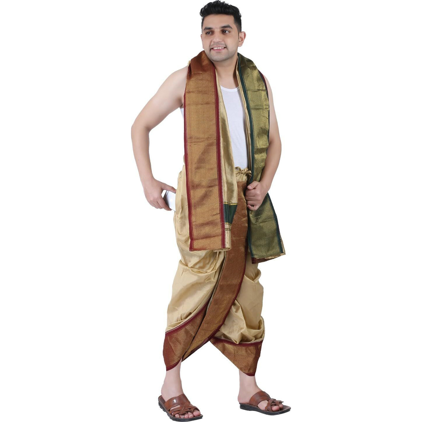 PRAKASAM COTTON Mens Asha Silk Panchakacham Ready to wear dhoti towel set with pocket panjakejam dhoti with pocket readymade dhoti towel set one for all (Beige)