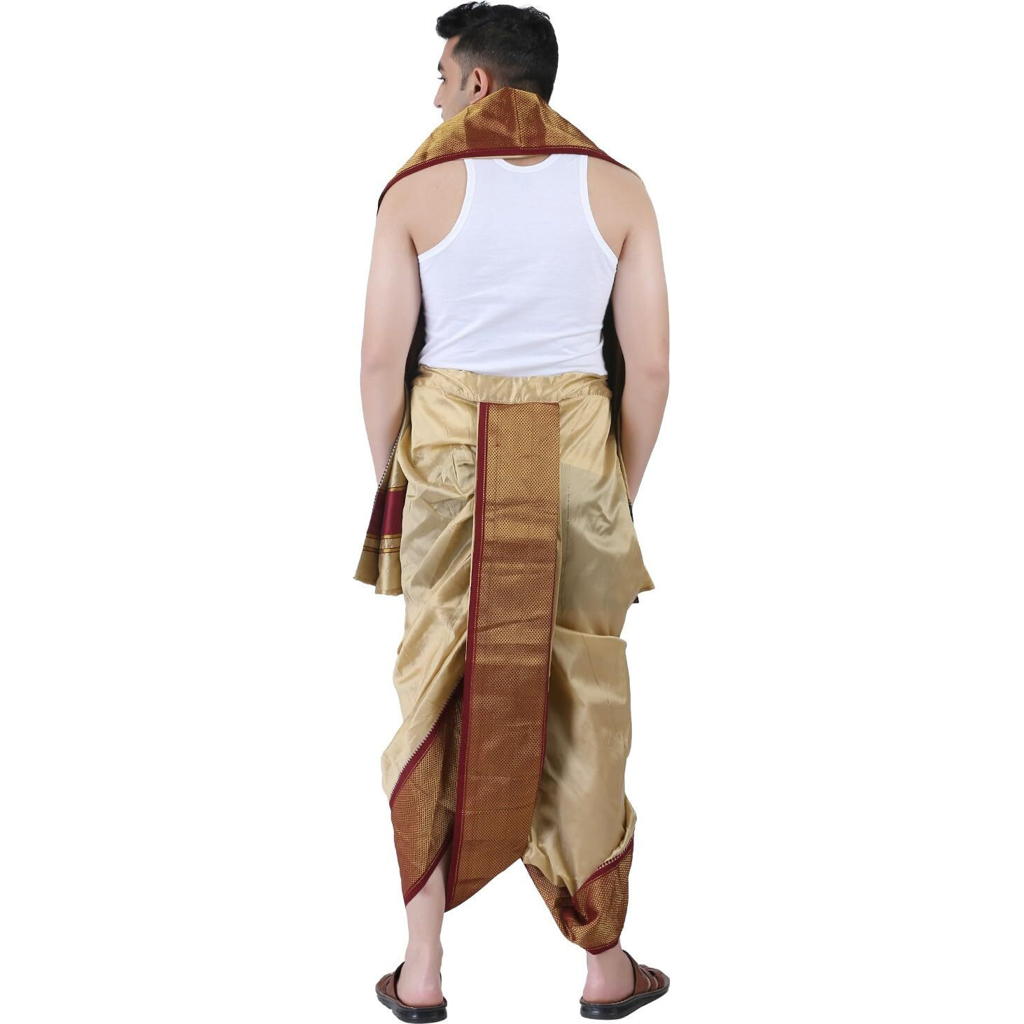 PRAKASAM COTTON Mens Asha Silk Panchakacham Ready to wear dhoti towel set with pocket panjakejam dhoti with pocket readymade dhoti towel set one for all (Beige)