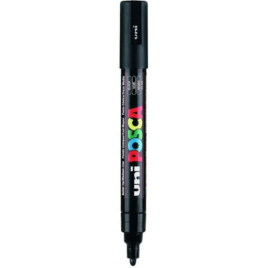 UNI-BALL Posca 5M 1.8-2.5 mm Bullet Shaped Paint Marker Pen | Reversible & Washable Tips | For Rocks Painting, Fabric, Wood, Canvas, Ceramic, Scrapbooking, DIY Crafts | Black Ink, Pack of 1