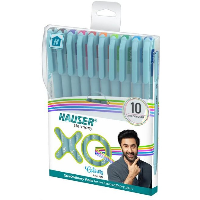 Hauser XO Multicolor Ball Pen Wallet Pack | Multi-Use Pen for Coloring, Doodling, Mandala, Writing | Minimalistic Aesthetic Looks with Pastel Body | Multicolor Ink, Set Of 10