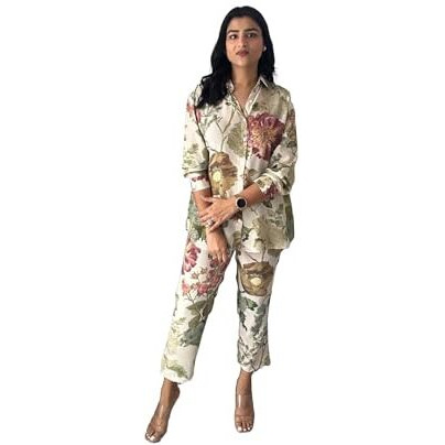 LookMark Women's Kurta Set with Floral Print and Cotton Blend Fabric with Pant (AZ-LM-OG-KS2149-L) White