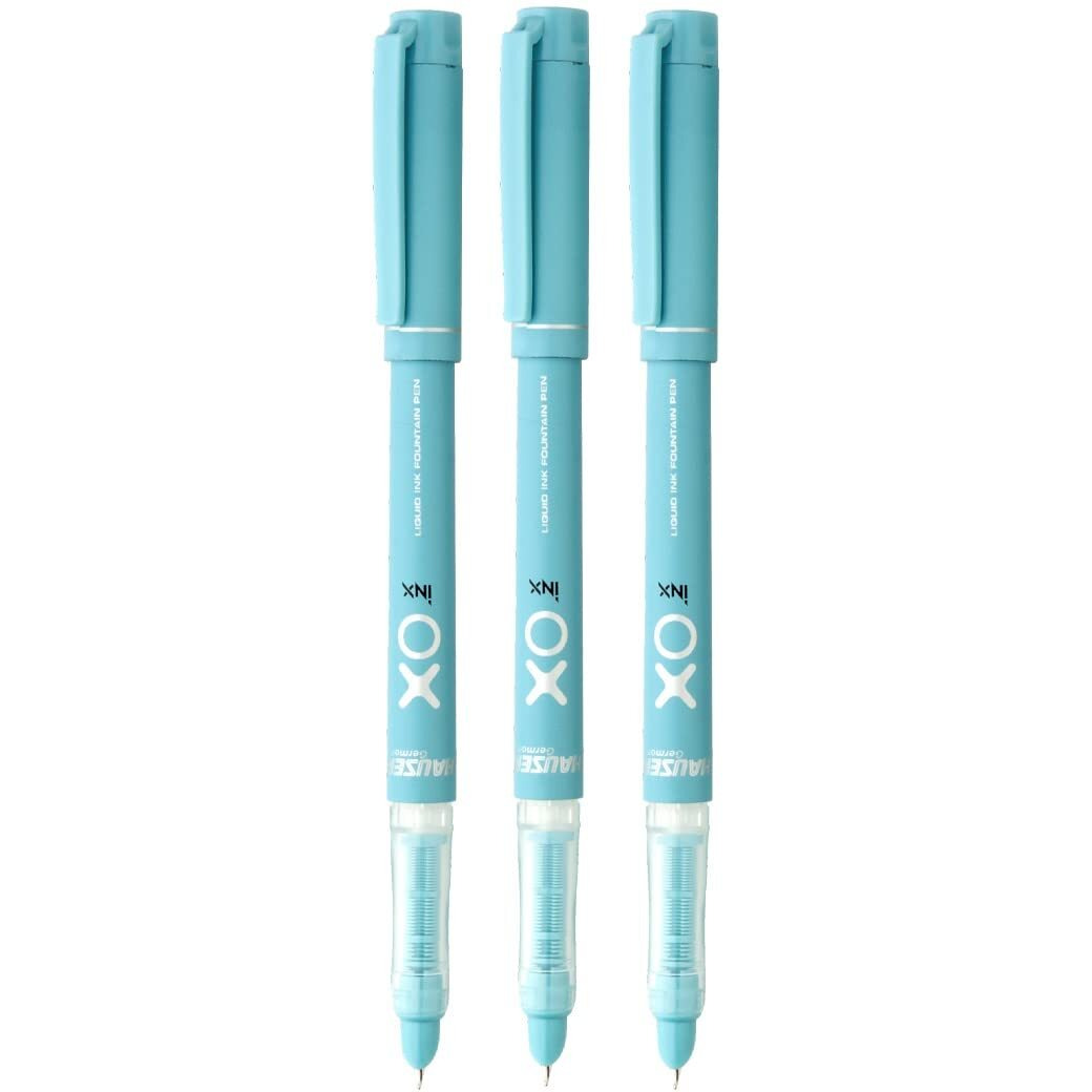 Hauser Germany Inx Xo Liquid Ink Fountain Pen Blister Pack | Smooth Round Nib With Iridium Tip | Free 4 Pieces X-Large Jumbo Cartridges | Unique Liquid Ink Sysyem | Blue Ink, Pack Of 3