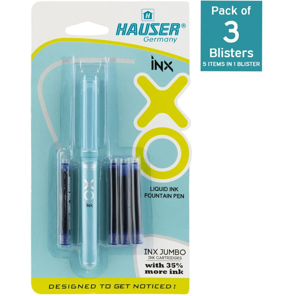 Hauser Germany Inx Xo Liquid Ink Fountain Pen Blister Pack | Smooth Round Nib With Iridium Tip | Free 4 Pieces X-Large Jumbo Cartridges | Unique Liquid Ink Sysyem | Blue Ink, Pack Of 3