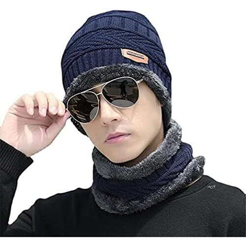 DIGITAL SHOPEE Winter Knit Beanie Set of Cap Hat Neck Warmer Scarf and Woolen Gloves Set Skull Cap for Men/Women - (3 Piece Set, Navy Blue)