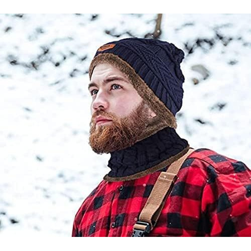 DIGITAL SHOPEE Winter Knit Beanie Set of Cap Hat Neck Warmer Scarf and Woolen Gloves Set Skull Cap for Men/Women - (3 Piece Set, Navy Blue)