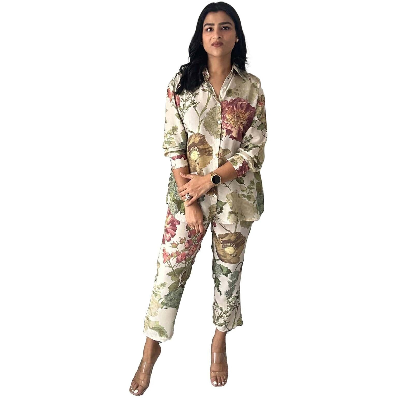 LookMark Women's Kurta Set with Floral Print and Cotton Blend Fabric with Pant (AZ-LM-OG-KS2149-M) White