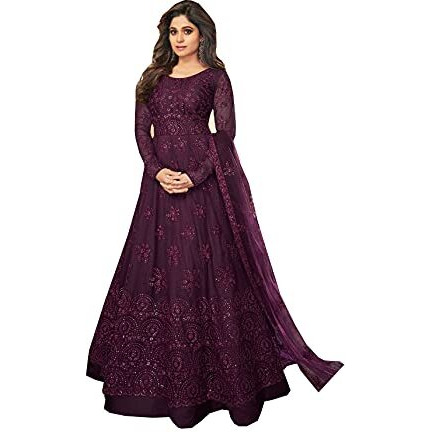 PATLANI Women's Net Fit and Flare Maxi Dress (Wine-Shamita-G-002_Purple