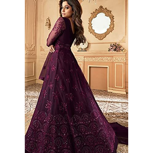 PATLANI Women's Net Fit and Flare Maxi Dress (Wine-Shamita-G-002_Purple
