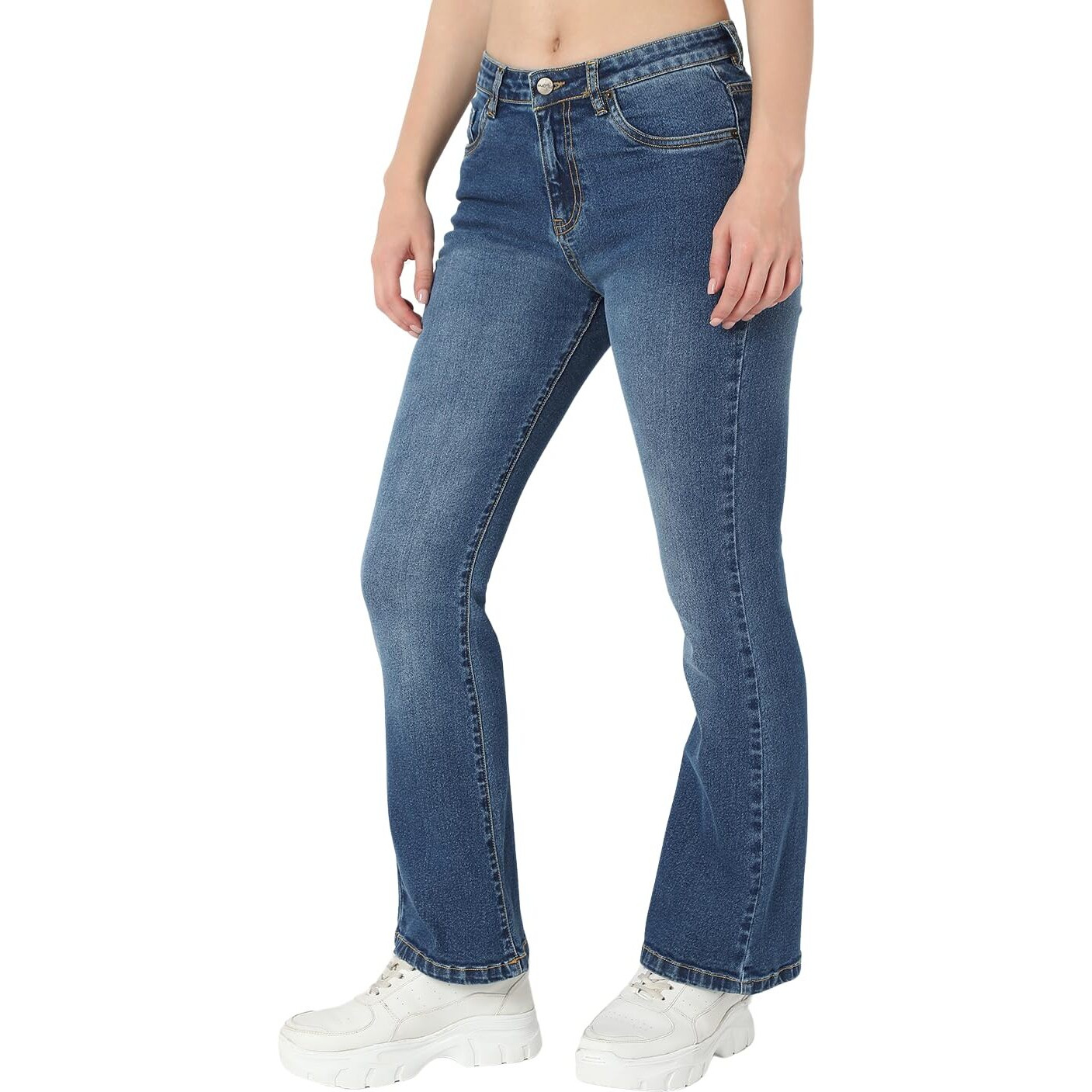 AKA CHIC Women Boot Cut High Rise Stretchable Cotton Jeans, Dark Stone