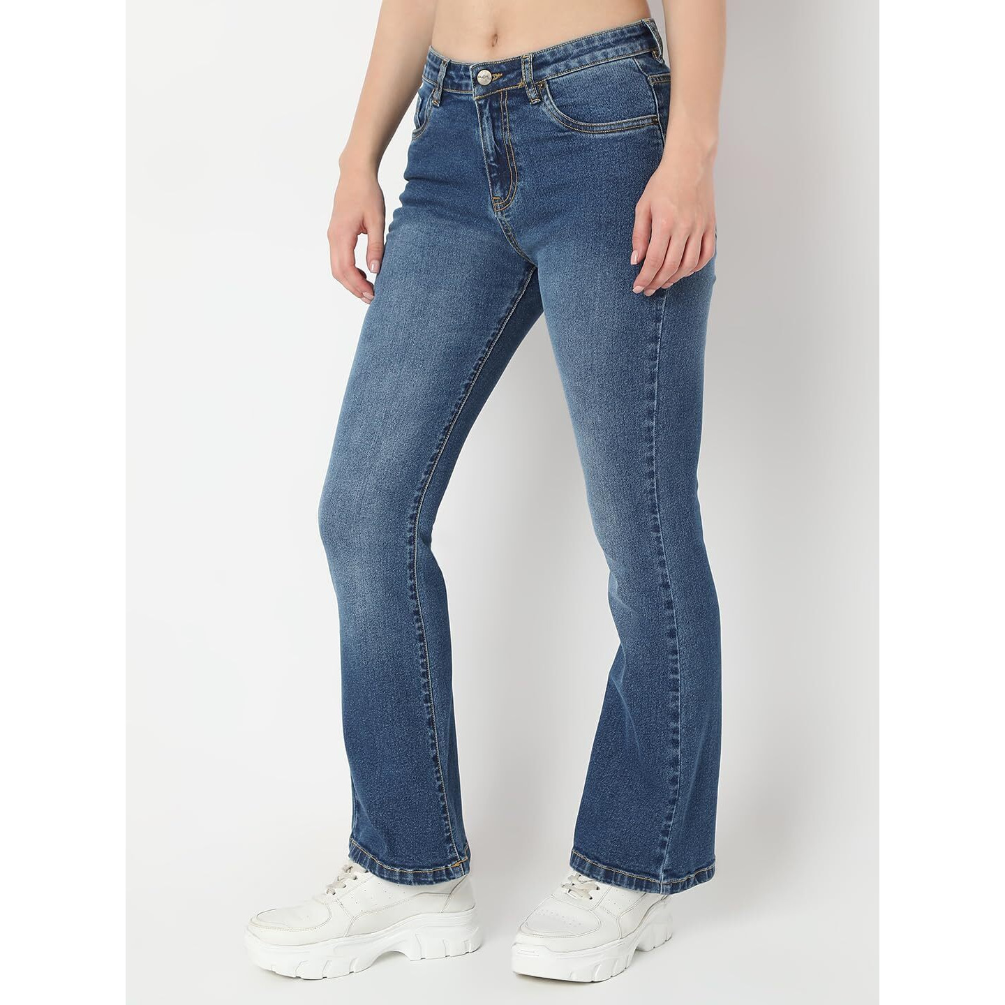 AKA CHIC Women Boot Cut High Rise Stretchable Cotton Jeans, Dark Stone