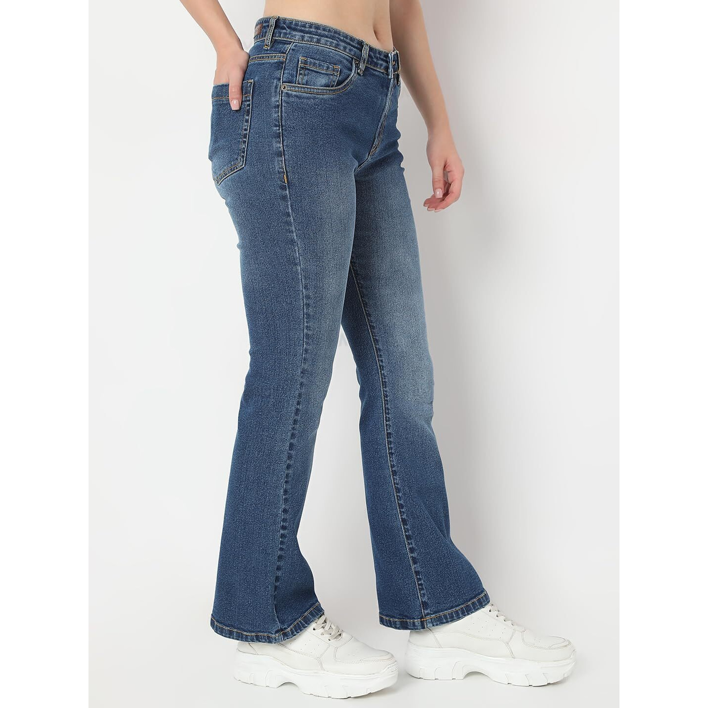 AKA CHIC Women Boot Cut High Rise Stretchable Cotton Jeans, Dark Stone