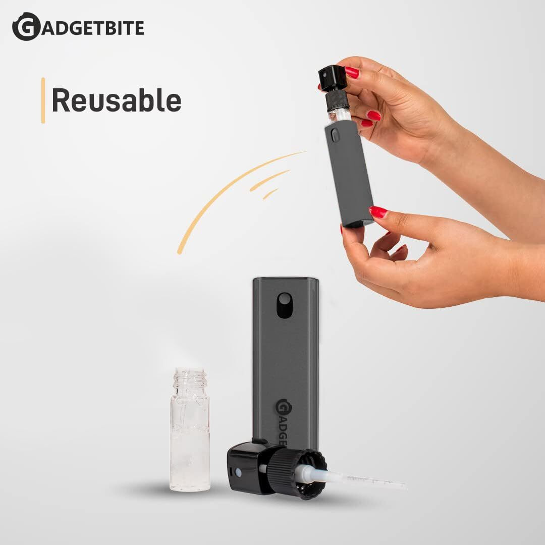 GadgetBite 3 in 1 Multifunctional Cleaner for Screens - Fingerprint-Proof Shell, Portable, and Reusable with Integrated Spray (Grey)