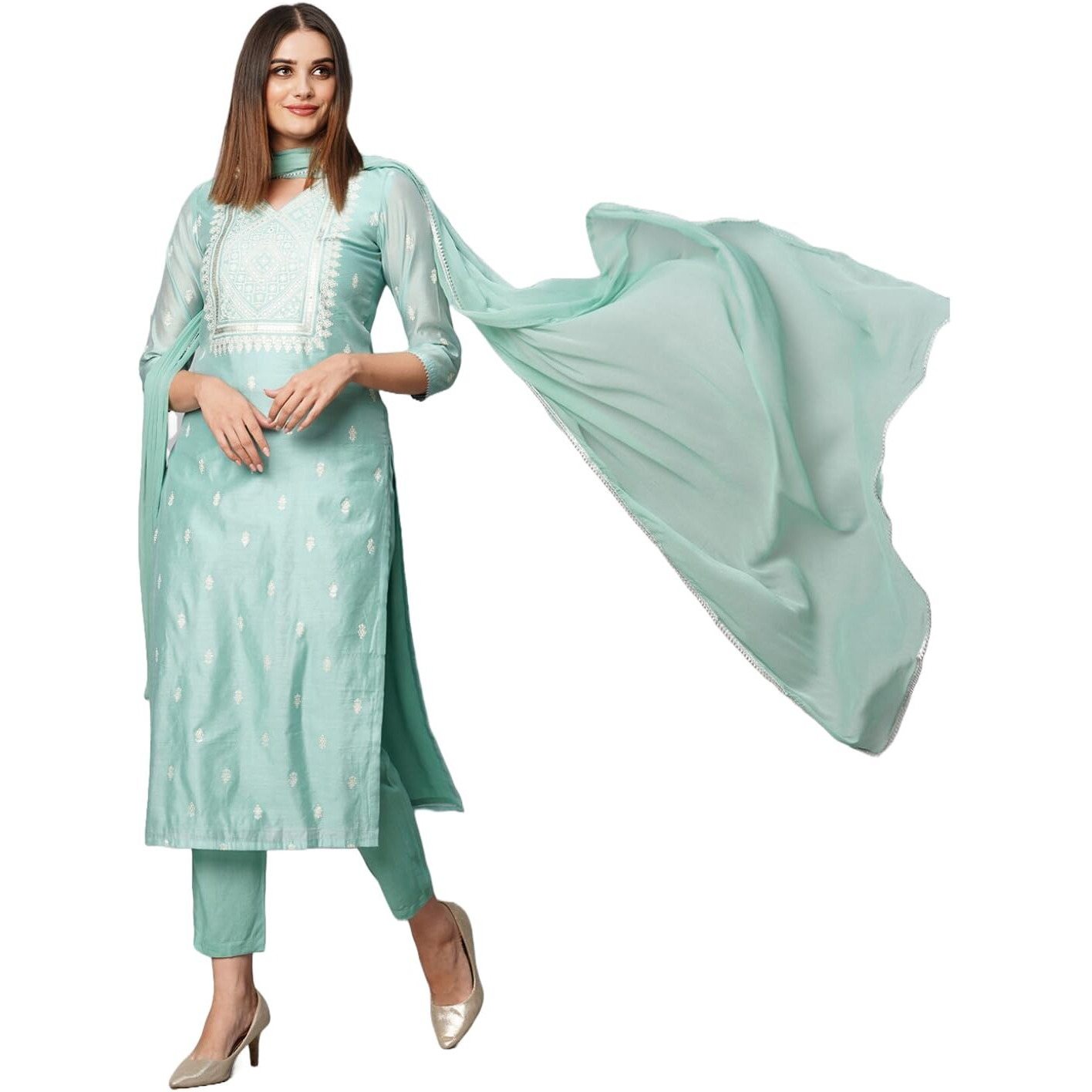 GoSriKi Women's Cotton Blend Straight Printed Kurta with Pant & Dupatta (Sawre Pista-GS_L_Pista_Large)