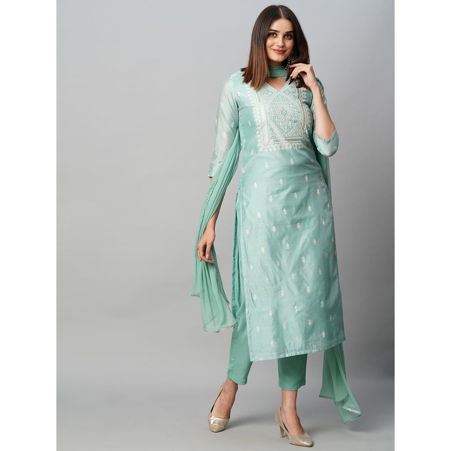 GoSriKi Women's Cotton Blend Straight Printed Kurta with Pant & Dupatta (Sawre Pista-GS_L_Pista_Large)