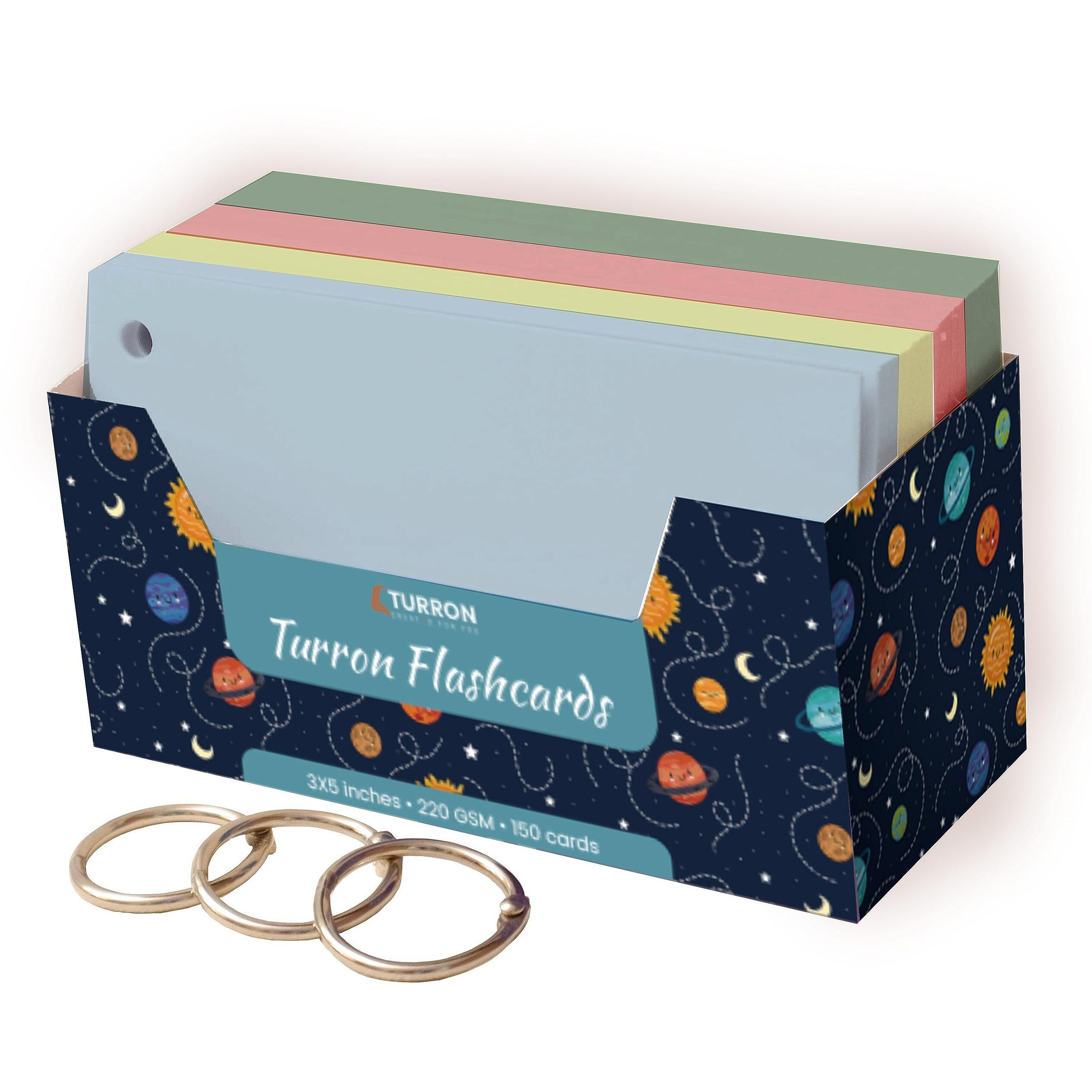 Turron Coloured Index Flash Cards Tray - 5 Colours - 3x5 inch - 150 Cards - 200 GSM Thick (Unruled)