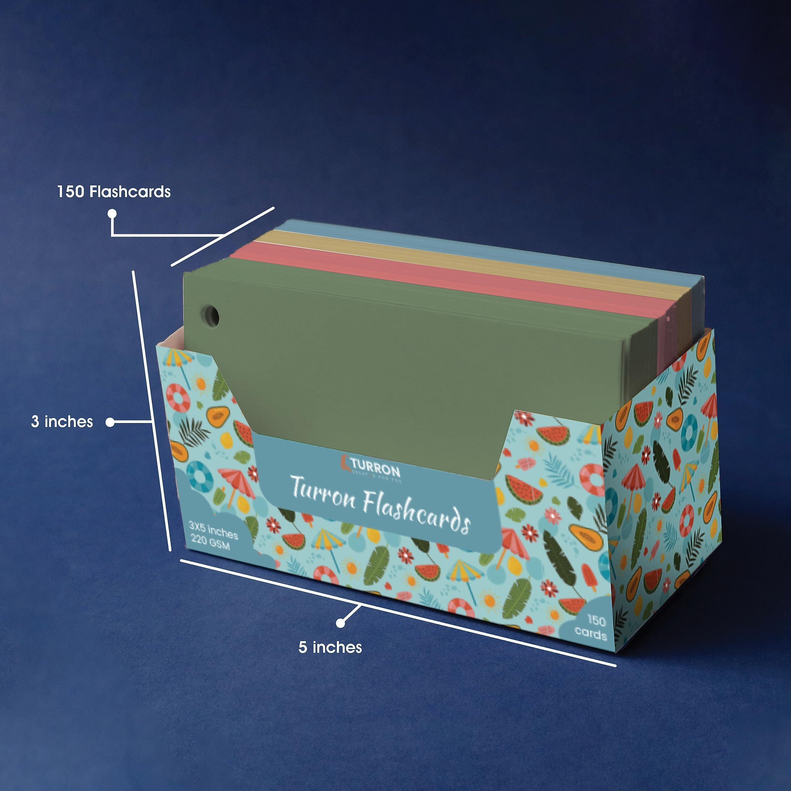 Turron Coloured Index Flash Cards Tray - 5 Colours - 3x5 inch - 150 Cards - 200 GSM Thick (Unruled)