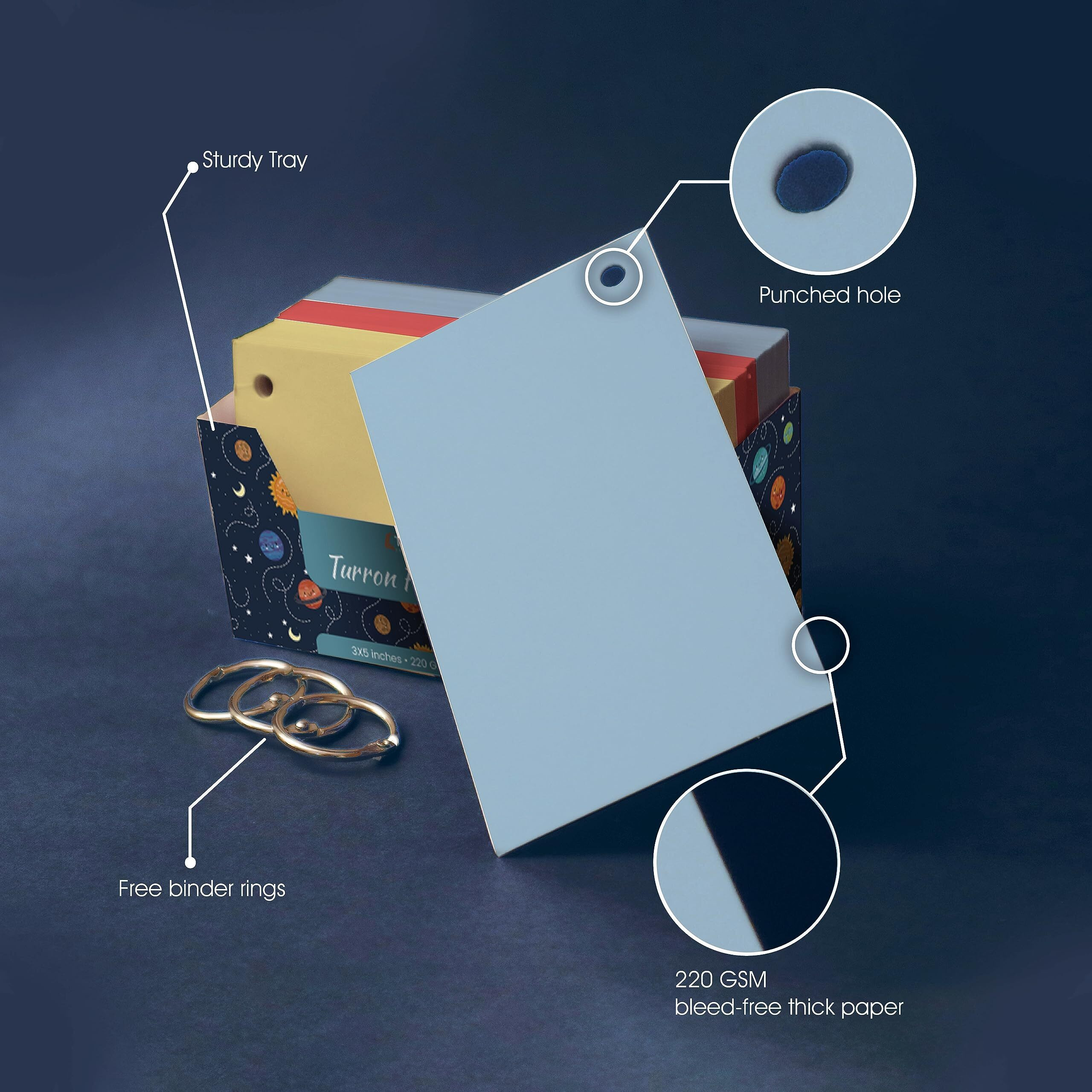 Turron Coloured Index Flash Cards Tray - 5 Colours - 3x5 inch - 150 Cards - 200 GSM Thick (Unruled)