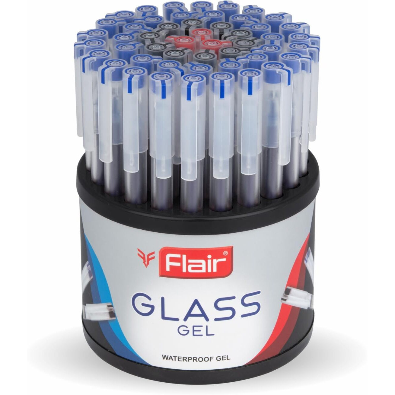 FLAIR Glass 0.6mm Gel Pen Stand | Transparent Glass Design With Soft Rubber Grip | Waterproof Low-Viscosity Ink For Smudge Free Writing | Blue, Black & Red Ink, Pack of 50 Pens