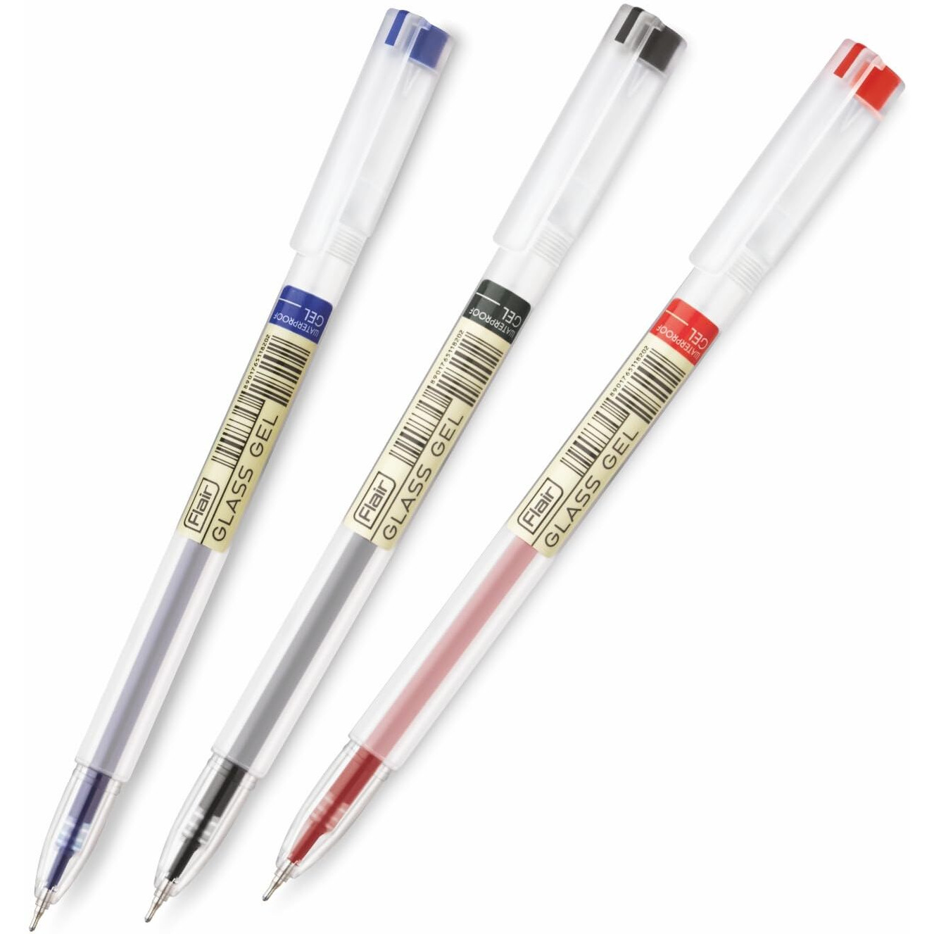 FLAIR Glass 0.6mm Gel Pen Stand | Transparent Glass Design With Soft Rubber Grip | Waterproof Low-Viscosity Ink For Smudge Free Writing | Blue, Black & Red Ink, Pack of 50 Pens
