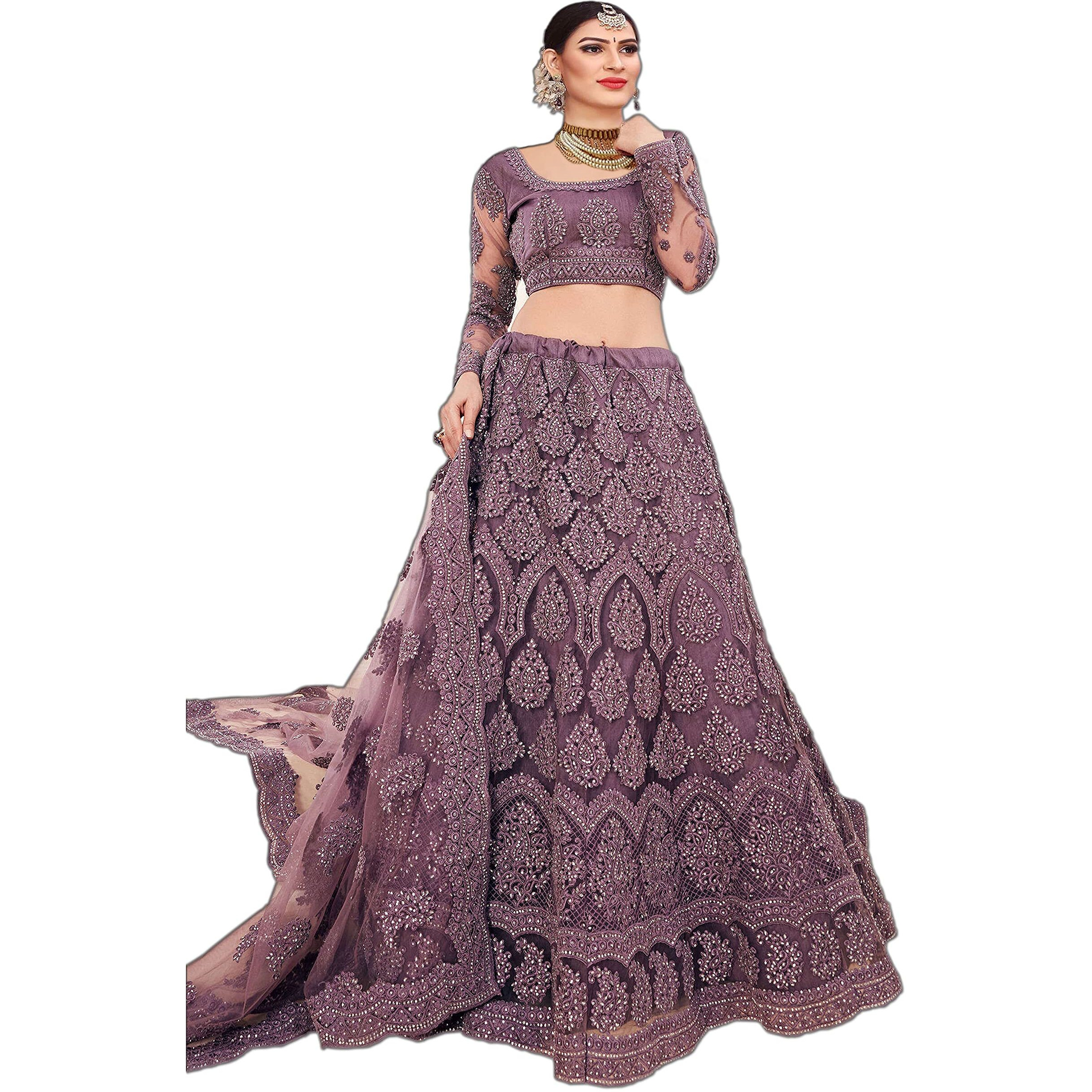 PATLANI Women's Net Readymade Lehenga Choli 003_Wine_Free Size