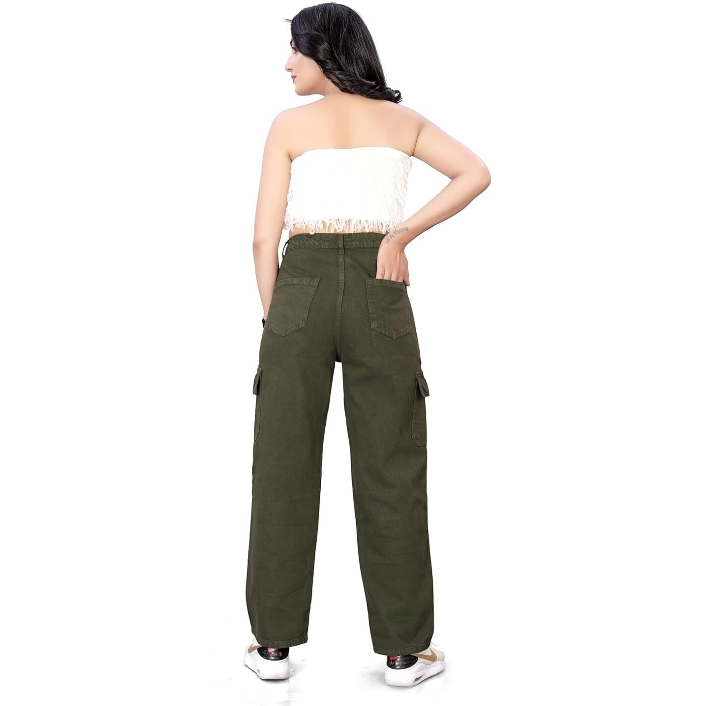 ELLITI Women's 6 Pocket Regular Fit High Rise Relaxed/Boyfriend Fit, Wide Leg, Bell Bottom, Pure Denim Ankle Length Jeans Pants (Size 34) (Colour Green)