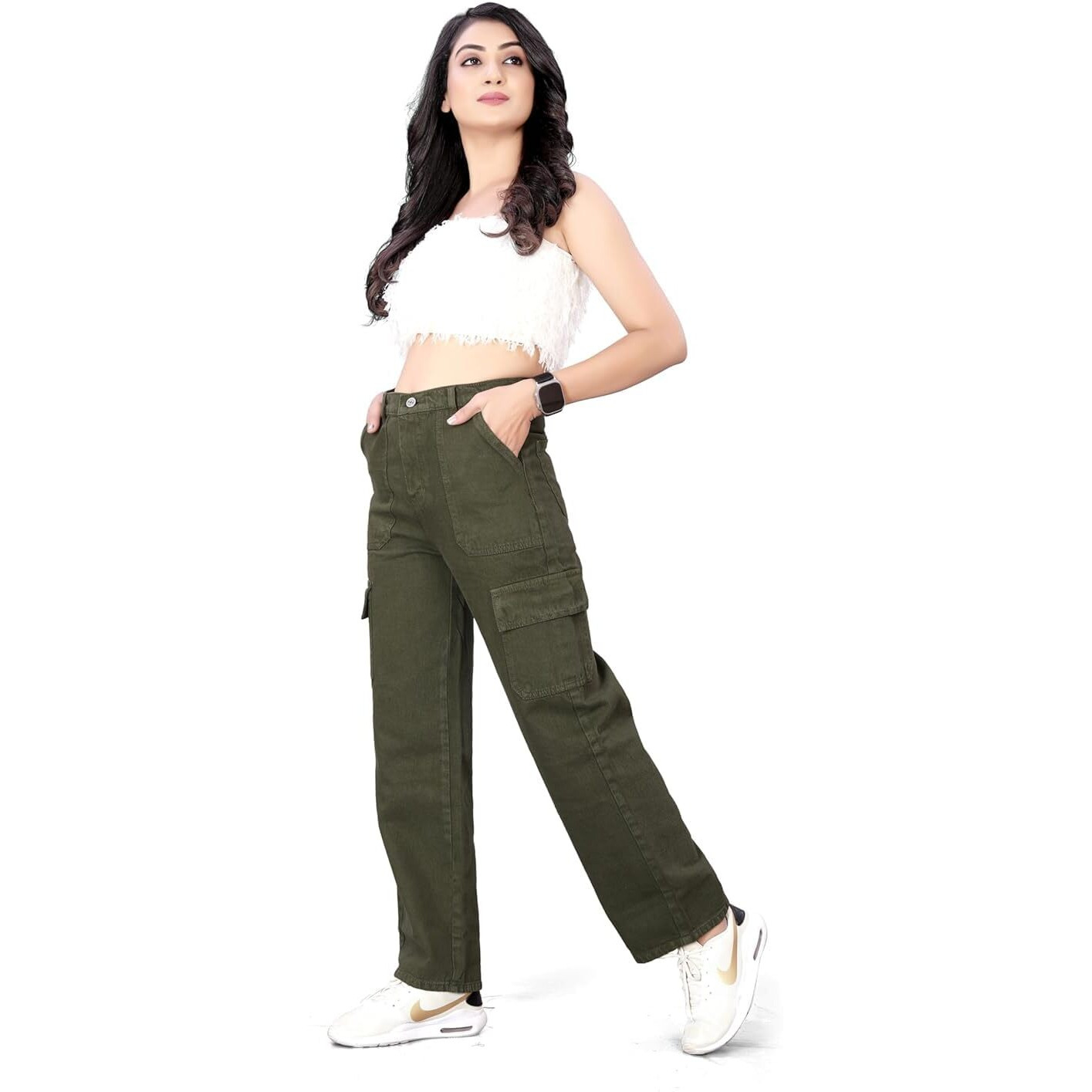 ELLITI Women's 6 Pocket Regular Fit High Rise Relaxed/Boyfriend Fit, Wide Leg, Bell Bottom, Pure Denim Ankle Length Jeans Pants (Size 34) (Colour Green)