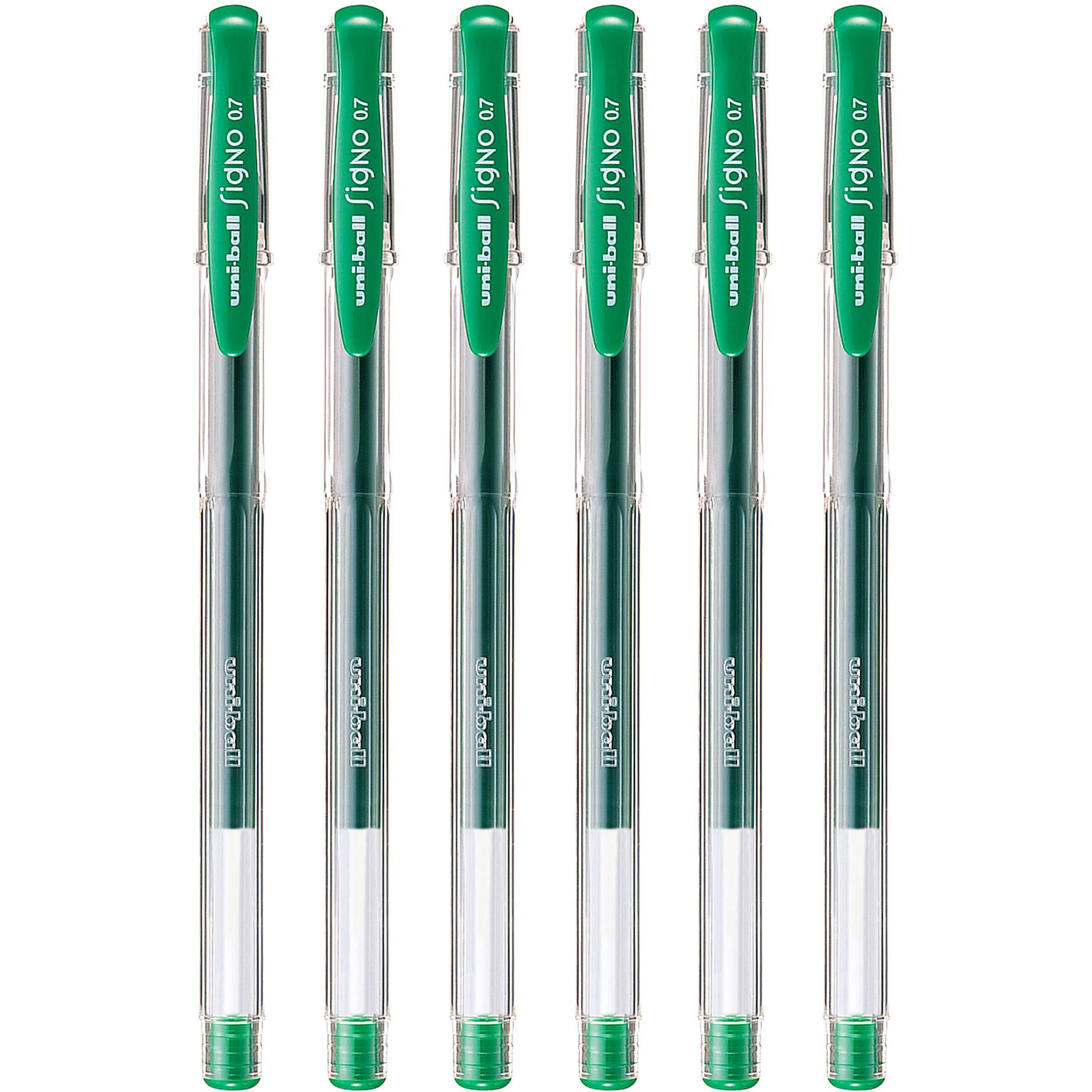 UNI-BALL Signo UM-100 0.7mm Gel Pen | Extremely Quick Drying Ink | Transparent Sleek Body | Smooth Long Lasting Smudge Free Ink | School and Office stationery | Green Ink, Pack of 6