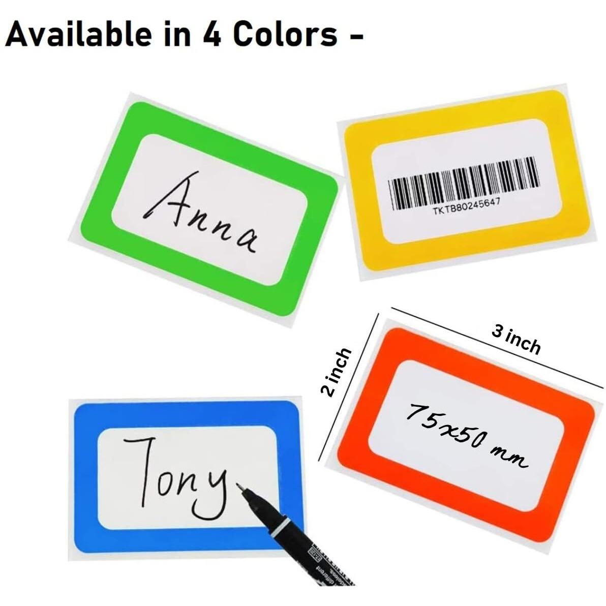 True-Ally 300 Sheet 4 Colored Name Tag Label Sticker, 3&quotx2" (75x50 mm) Writable, Printable Tags for Office, School, Classroom, Meeting, Kindergarten, Parties