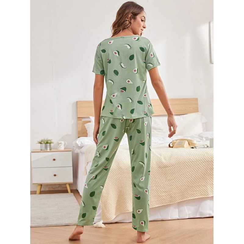 SMOWKLY Printed Round Neck Short Sleeve Nightsuit Set | Pajama Set | Night Dress for Women (1024_GRN_XXL) Mint Green