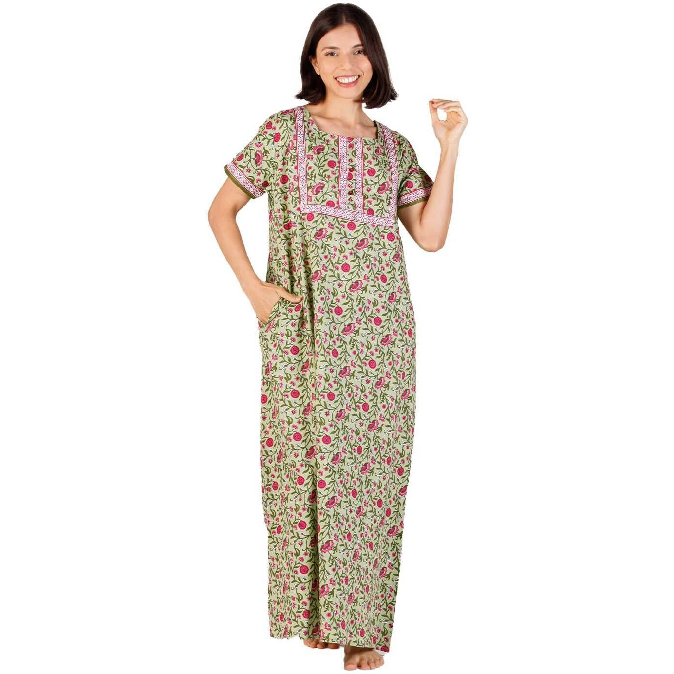 Evolove Women's Cotton Long Maxi Night Gown Nighty Dress with Pocket & Stylish Button, Super Soft Comfortable (Forest Green, LNGCO3080FG-XL)