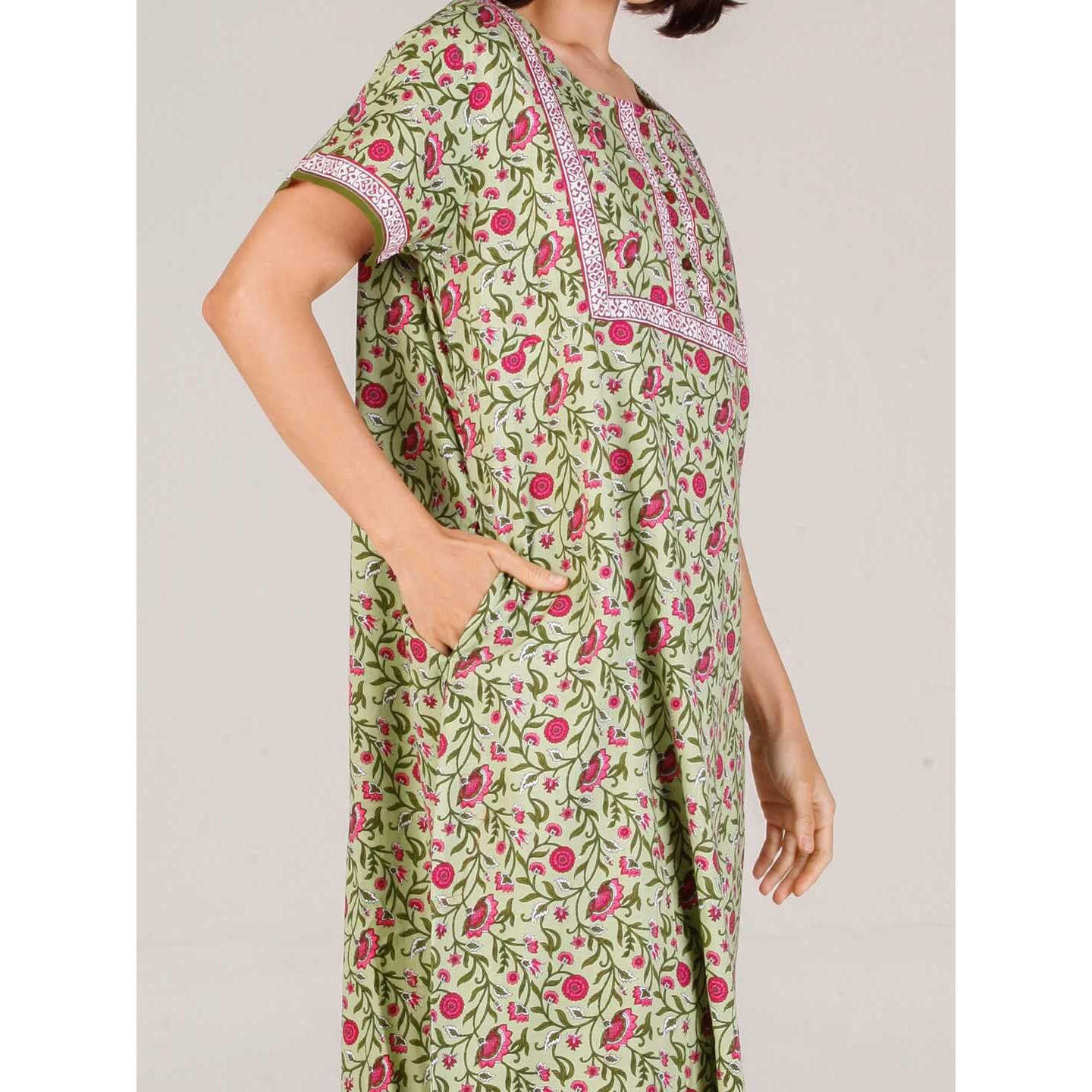 Evolove Women's Cotton Long Maxi Night Gown Nighty Dress with Pocket & Stylish Button, Super Soft Comfortable (Forest Green, LNGCO3080FG-XL)