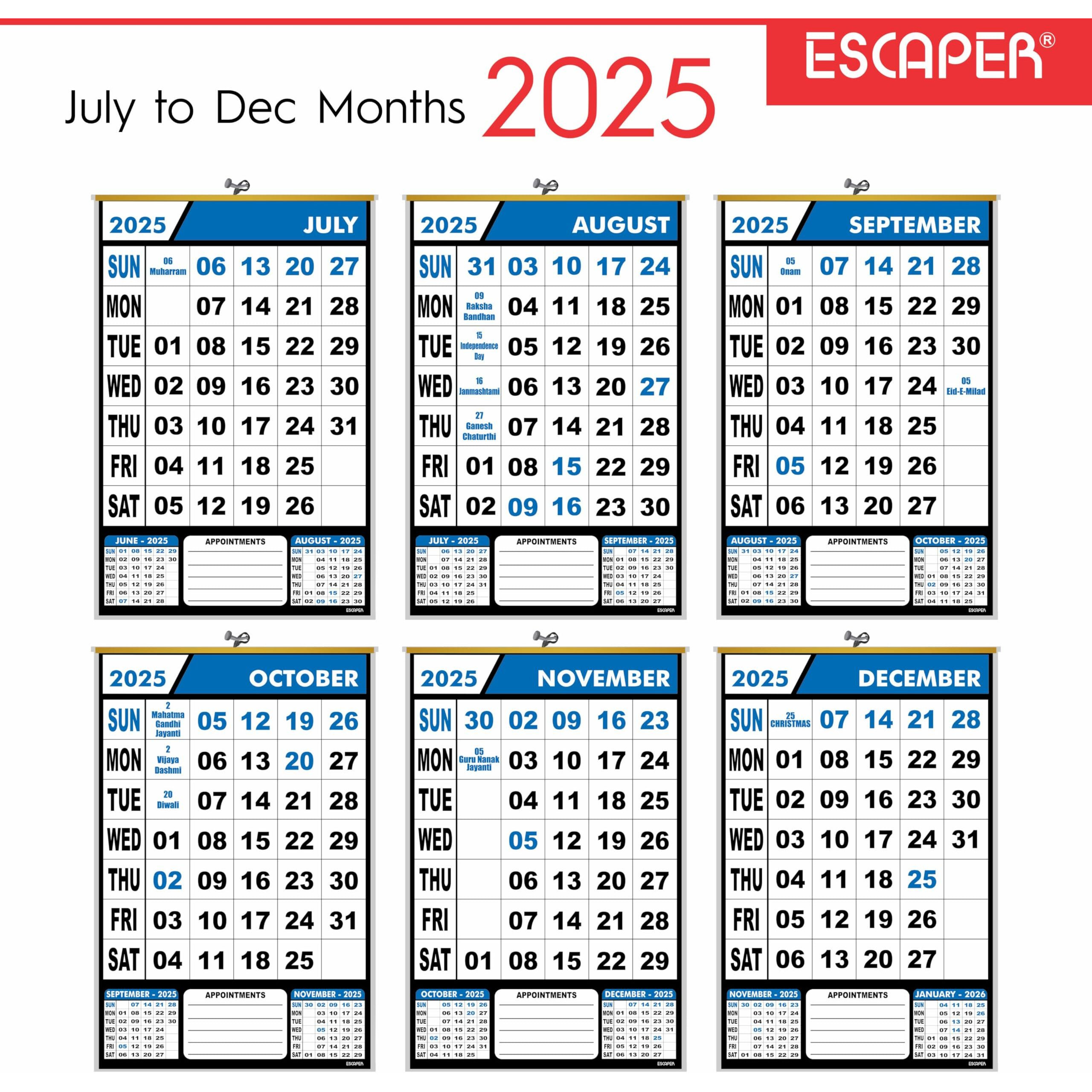 ESCAPER 2025 Wall Calendar Hanging for Home & Office Use, Office Wall Calendar 2025 Hanging, Home Wall Calendar Hanging, Indian Holidays Mentioned, Appointment Planning (Blue, 20 Qty)