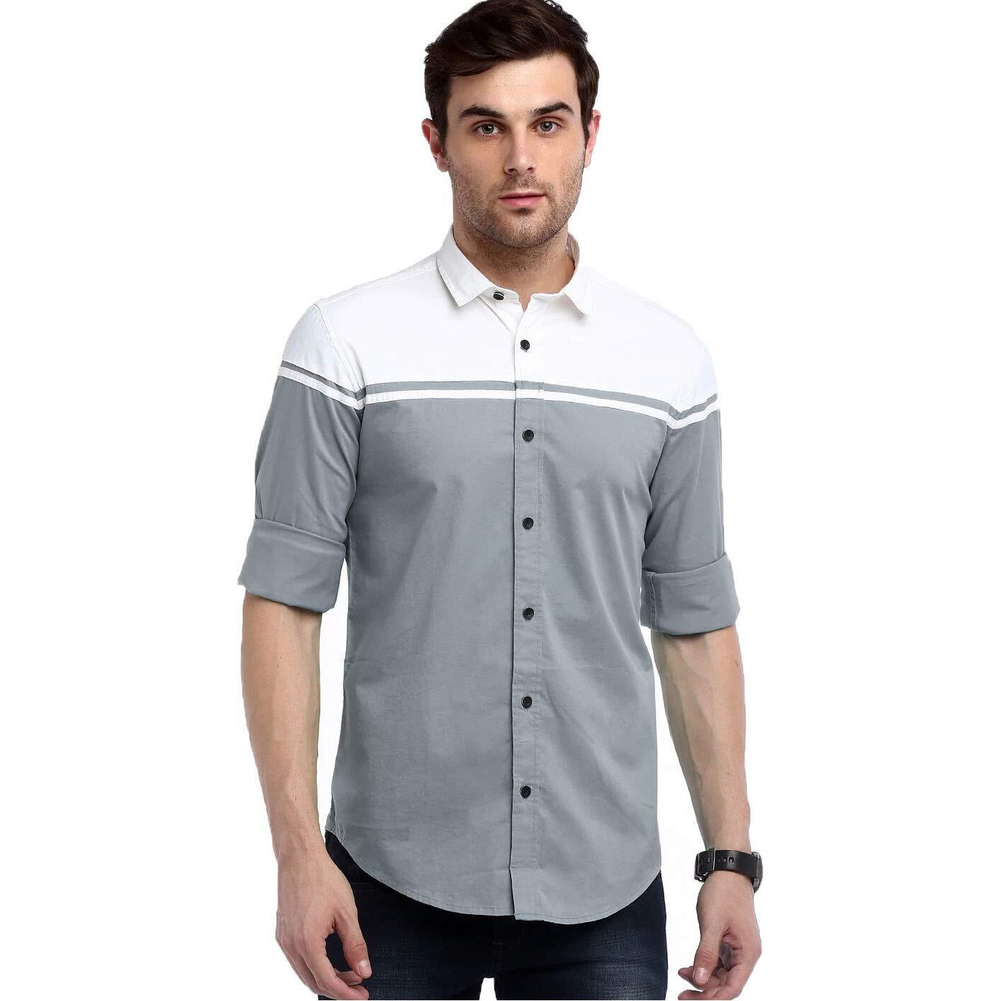 IndoPrimo Men's Regular Fit Cotton Casual Shirt (Grey, X-Large)
