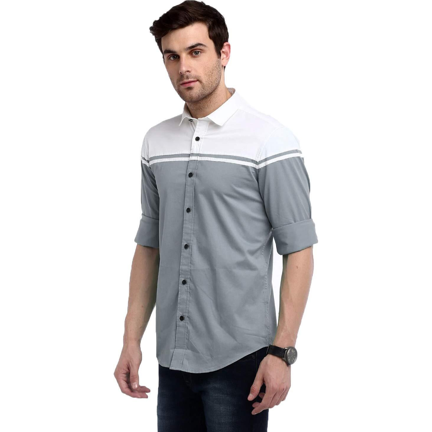 IndoPrimo Men's Regular Fit Cotton Casual Shirt (Grey, X-Large)