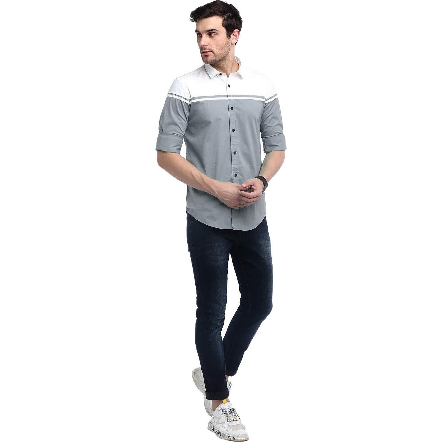 IndoPrimo Men's Regular Fit Cotton Casual Shirt (Grey, X-Large)