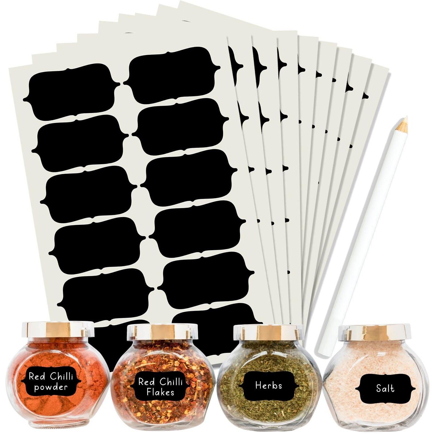 ROUSRIE Pack of 84 Reusable Waterproof Black Same Shape Mason Jars Labels Kitchen Pantry,Spice Jars Glass Bottles  Best Stickers & Organizing Label with White Pencil