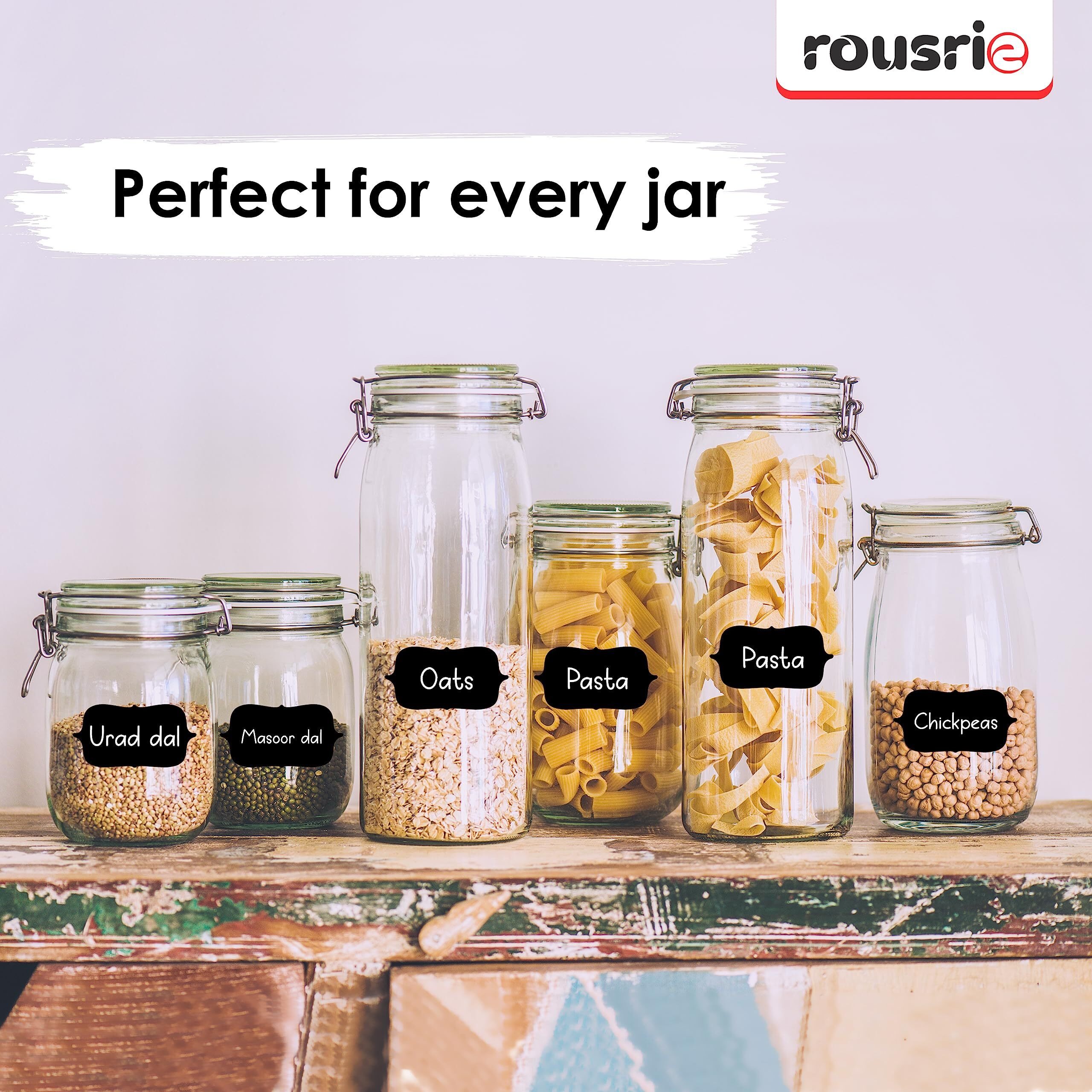 ROUSRIE Pack of 84 Reusable Waterproof Black Same Shape Mason Jars Labels Kitchen Pantry,Spice Jars Glass Bottles  Best Stickers & Organizing Label with White Pencil
