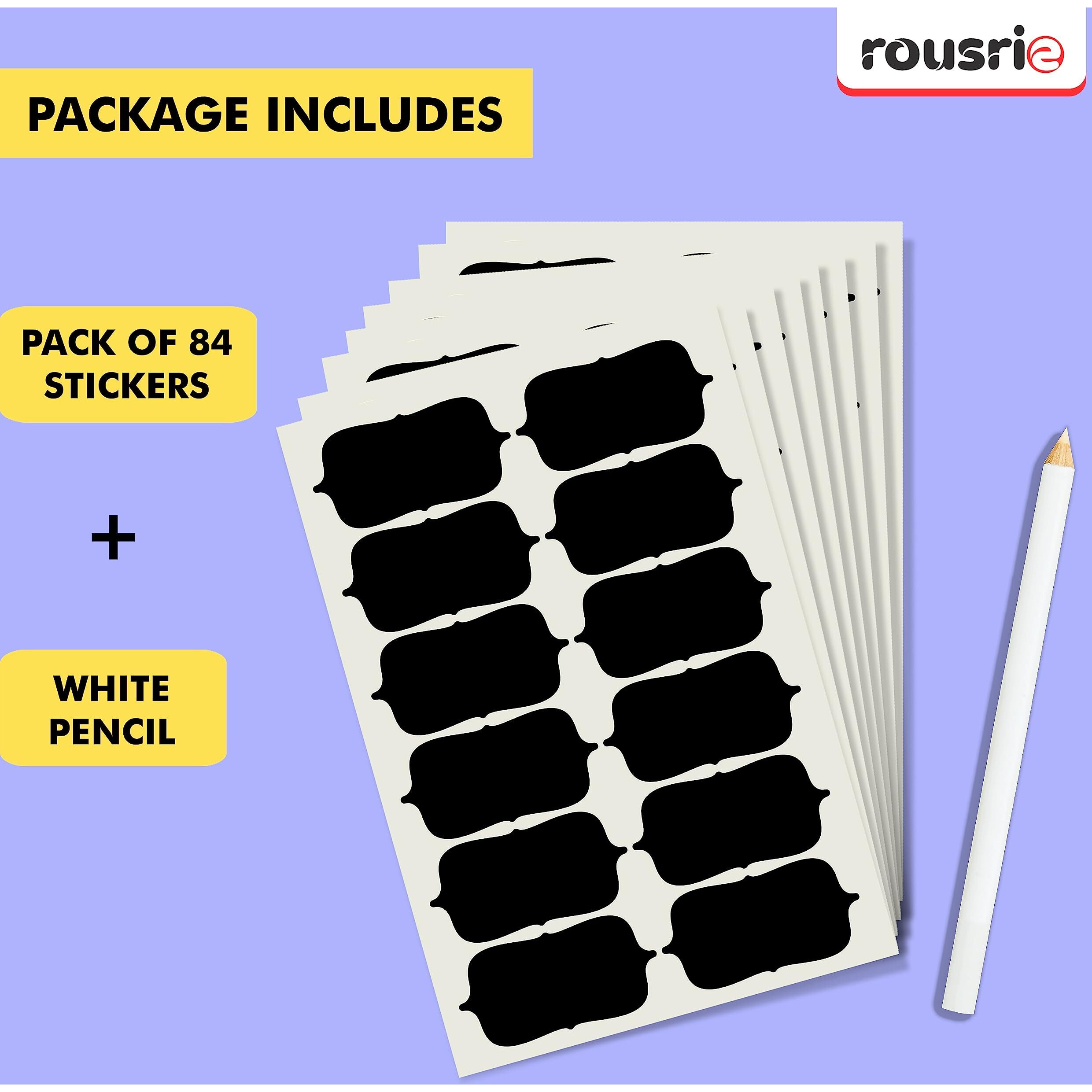 ROUSRIE Pack of 84 Reusable Waterproof Black Same Shape Mason Jars Labels Kitchen Pantry,Spice Jars Glass Bottles  Best Stickers & Organizing Label with White Pencil