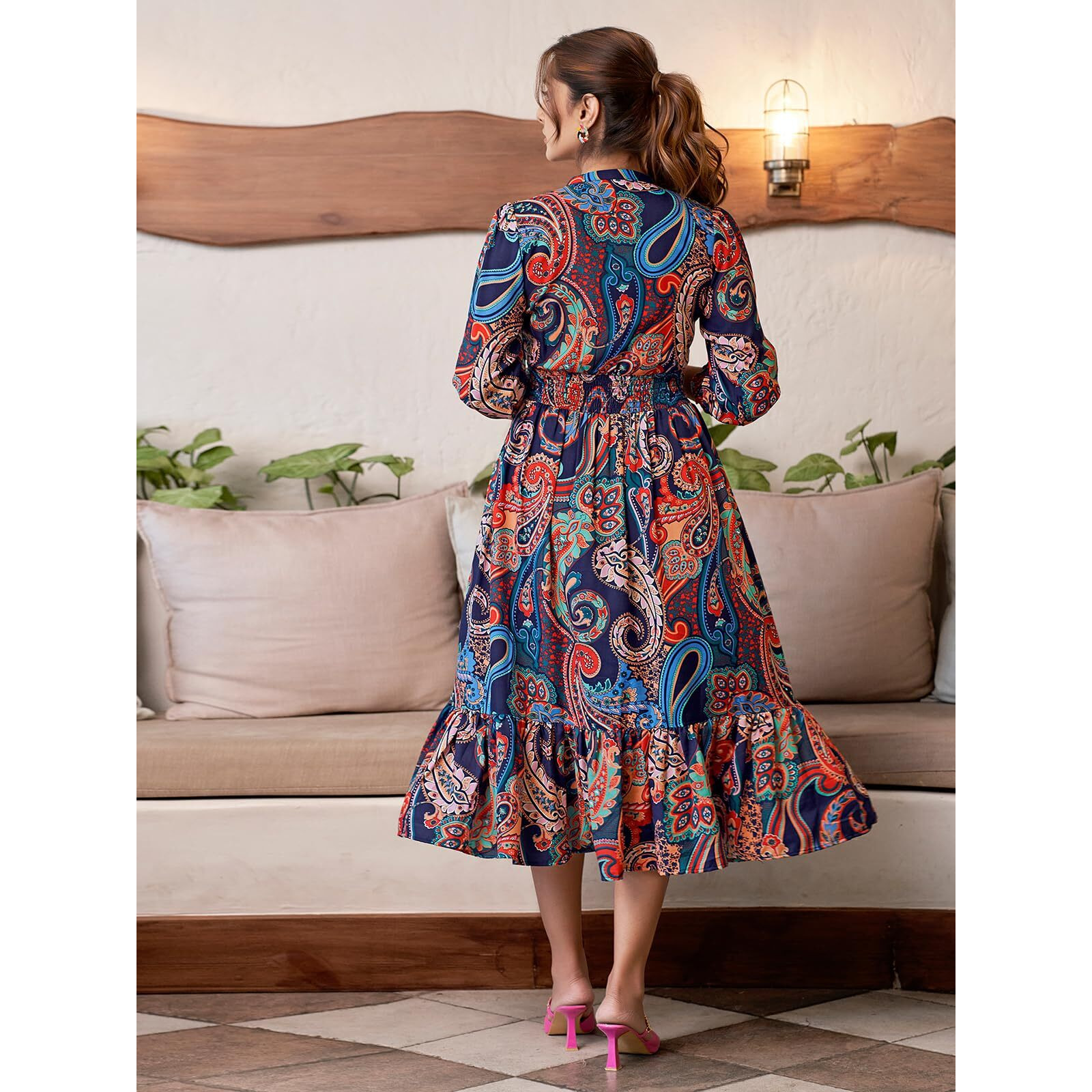 Selvia Western Dress for Women| Printed 3/4 Sleeve Rayon Blend Western Dress for Women | V-Neck A-Line Dress for Women | One Piece Dress for Women (612DTK7685N-L_Multi) Multicolour