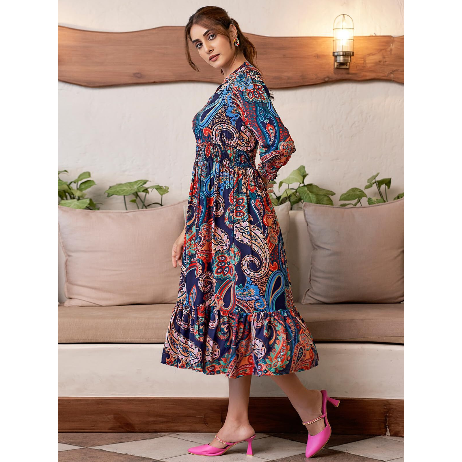 Selvia Western Dress for Women| Printed 3/4 Sleeve Rayon Blend Western Dress for Women | V-Neck A-Line Dress for Women | One Piece Dress for Women (612DTK7685N-L_Multi) Multicolour