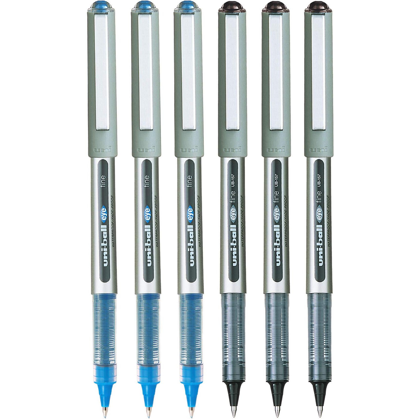 UNI-BALL Eye UB157 0.7mm Roller Ball Pen | Waterproof Pigment Ink | Lightweighted Sleek Body | Long Lasting Smudge Free Ink | School and Office Stationery | 3 Blue & 3 Black Ink, Pack of 6