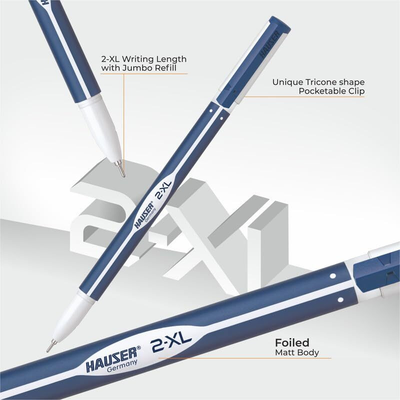 Hauser 2 XL Fine Tip Ball Pen | 2-XL Writing Length with Jumbo Refill | Minimalistic & Aesthetic Body Design | Blue Ink, Pack Of 10