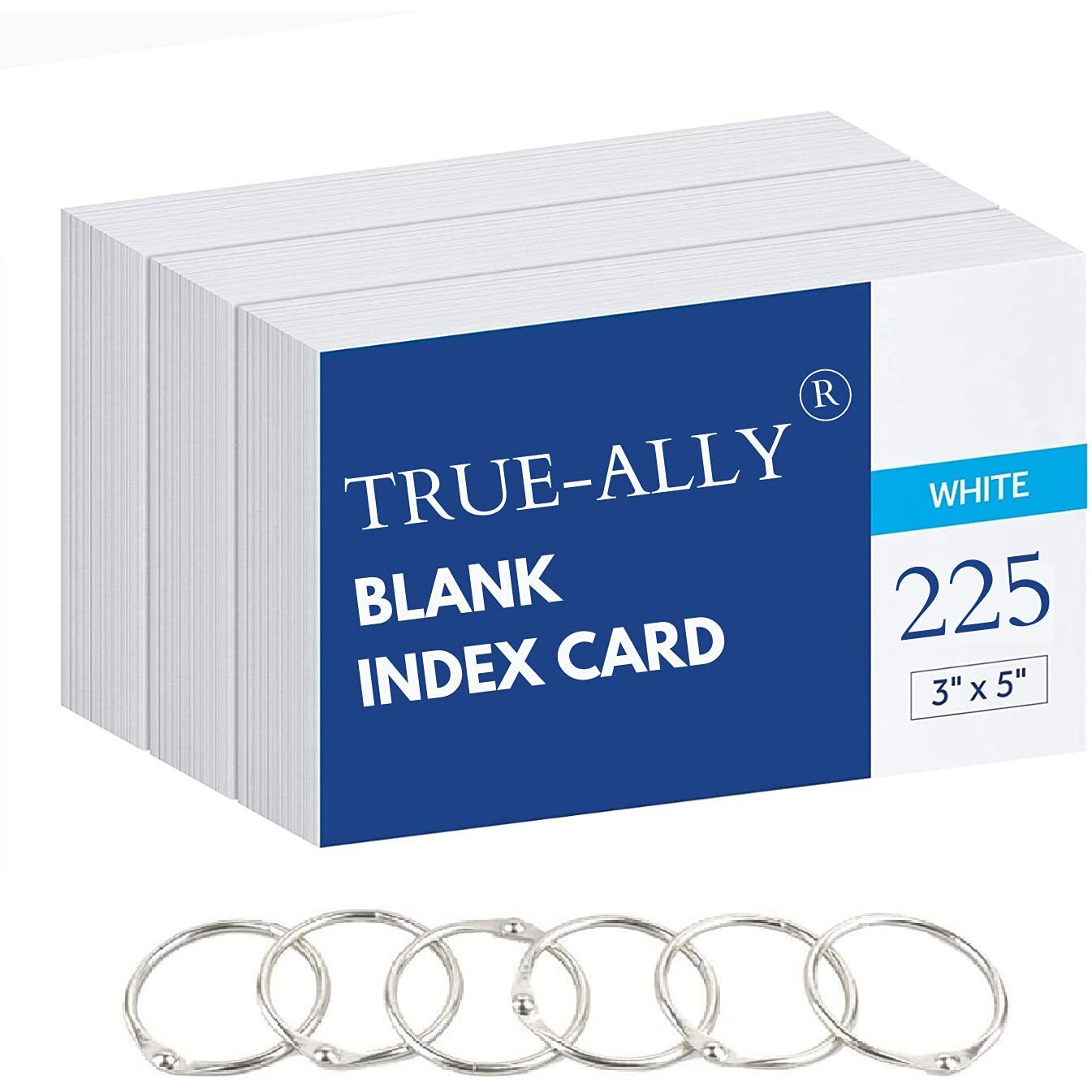 True-Ally unruled Index Flash Cards - 3x5 inch, White, 225 Cards, 200 GSM - with Free Binder Rings for Short Notes, cue Cards, Cheat Sheets, exam, Interview Preparation (3x5 inch Plain - 225 Sheets)