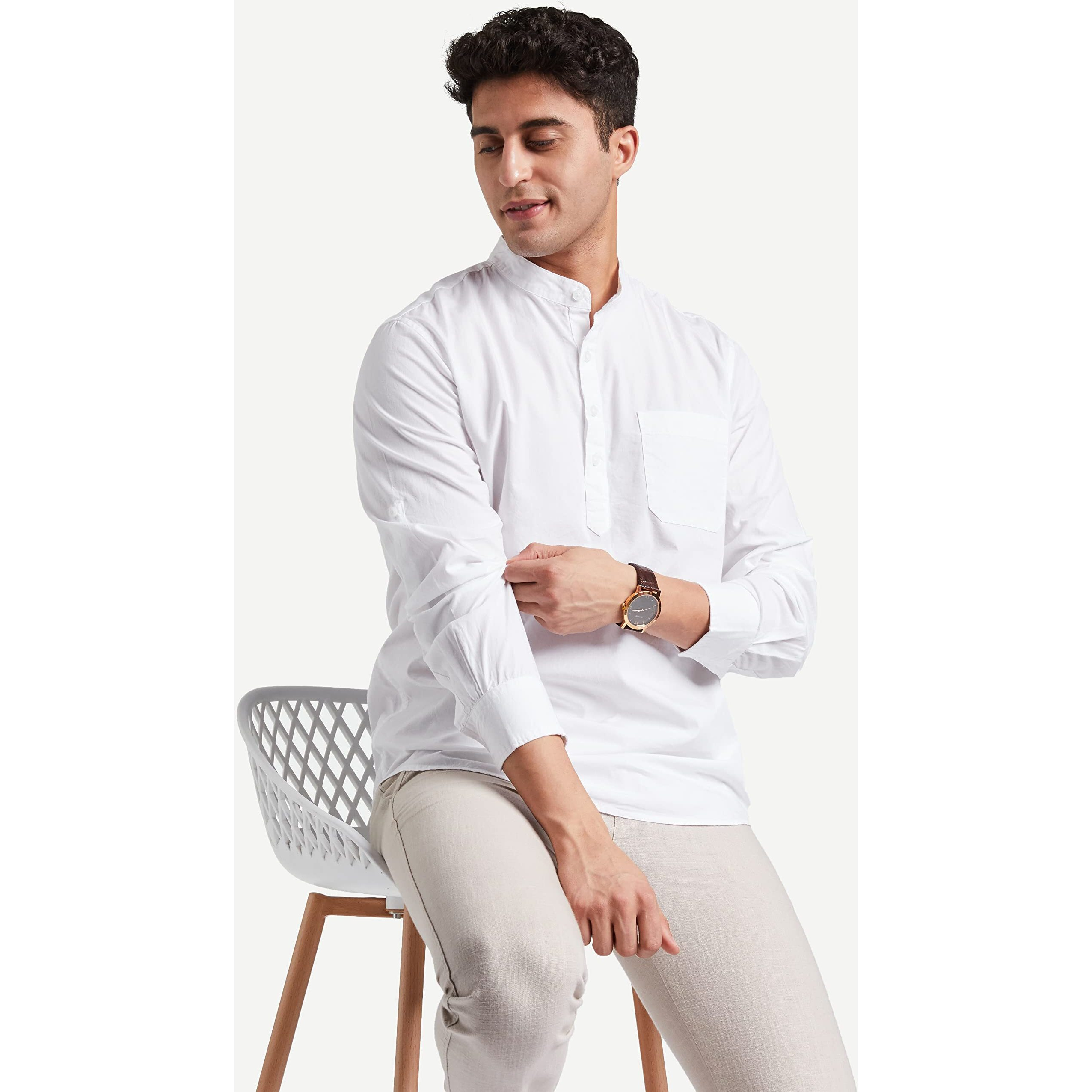 Amazon Brand - Symbol Men's 100% Cotton Regular Fit Casual Shirt (Kurta Placket Style) White L