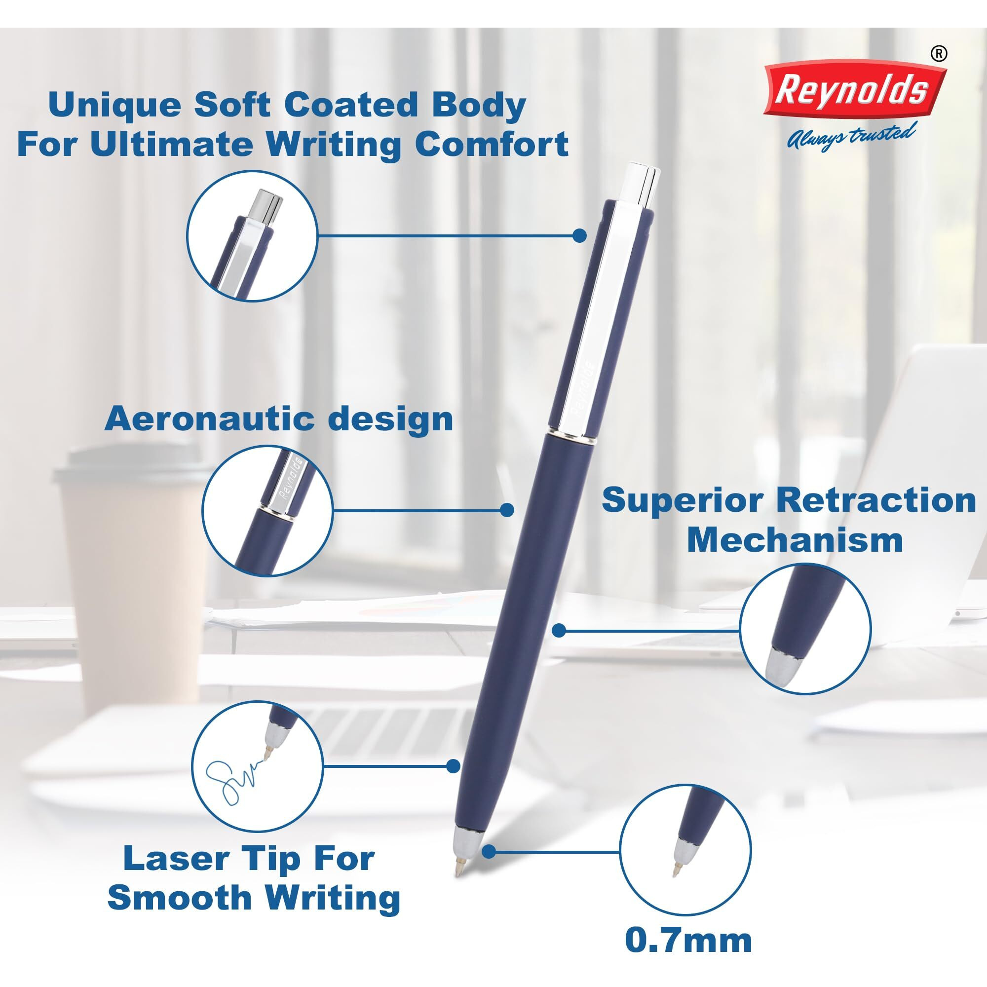 Reynolds JETTER AEROSOFT Ball Pen SET - 10 PENS BLUE | MULTI BODY COLOR BALL PEN WITH COMFORTABLE GRIP |BLUE BALL PENS FOR WRITING | PEN FOR PROFESSIONALS | 0.7 mm TIP SIZE