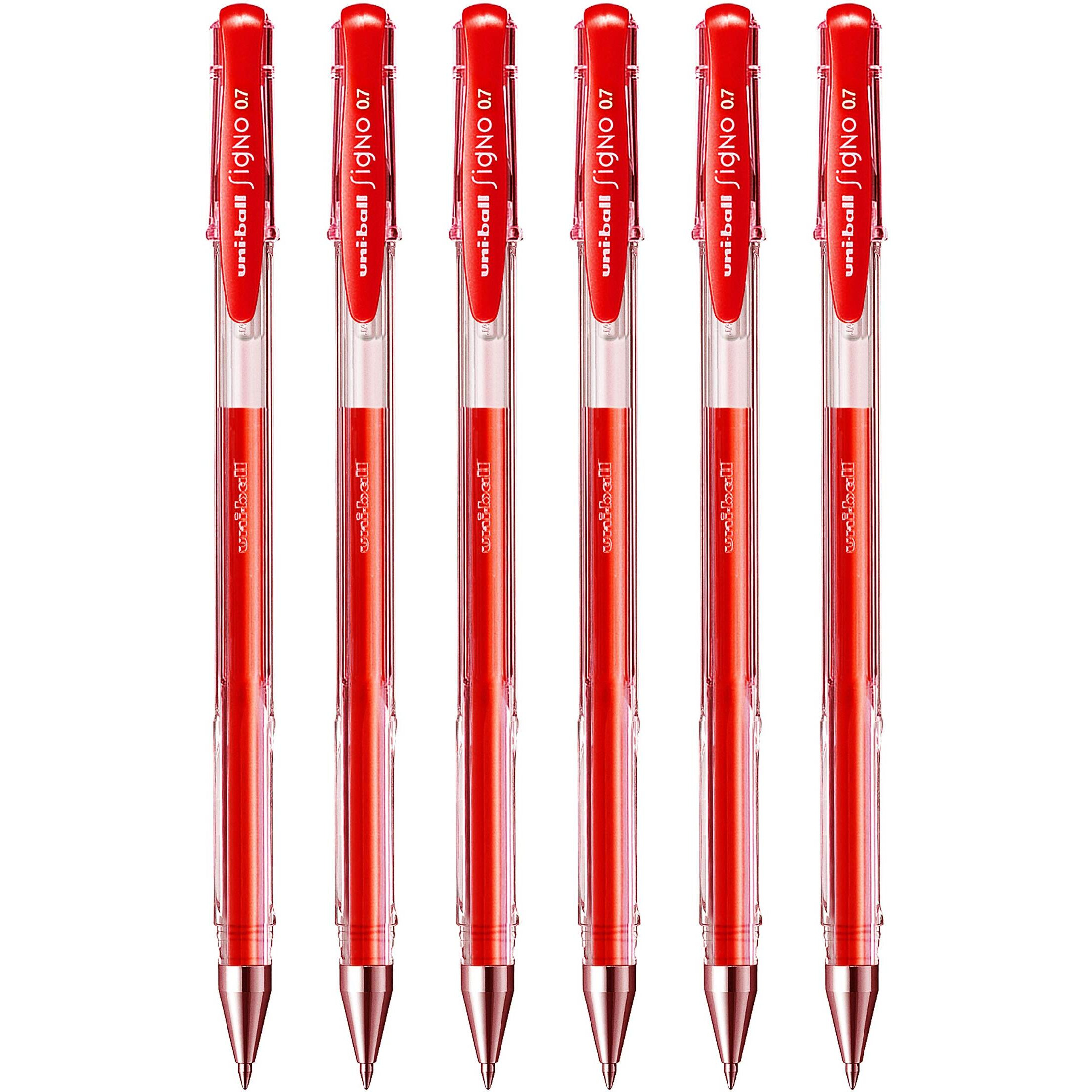 UNI-BALL Signo UM-100 0.7mm Gel Pen | Extremely Quick Drying Ink | Transparent Sleek Body | Smooth Long Lasting Smudge Free Ink | School and Office stationery | Red Ink, Pack of 6