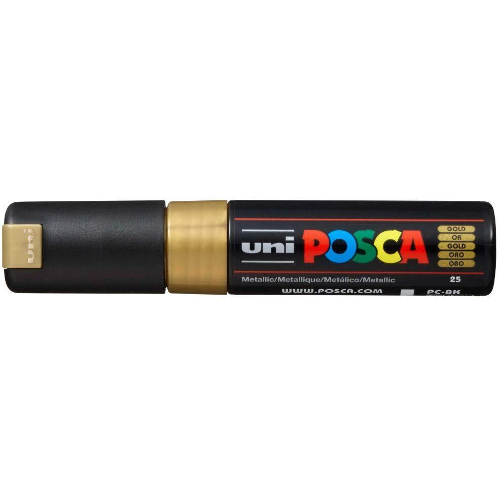Uniball Posca PC-8K Bold Point Chisel Shaped Paint Marker Pen | Non Toxic & Bleed Proof Ink | For Rocks Painting, Fabric, Wood, Canvas, Ceramic, Scrapbooking, DIY Crafts | Gold Ink, Pack of 1