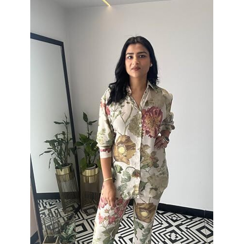 LookMark Women's Kurta Set with Floral Print and Cotton Blend Fabric with Pant (AZ-LM-OG-KS2149-XL) White