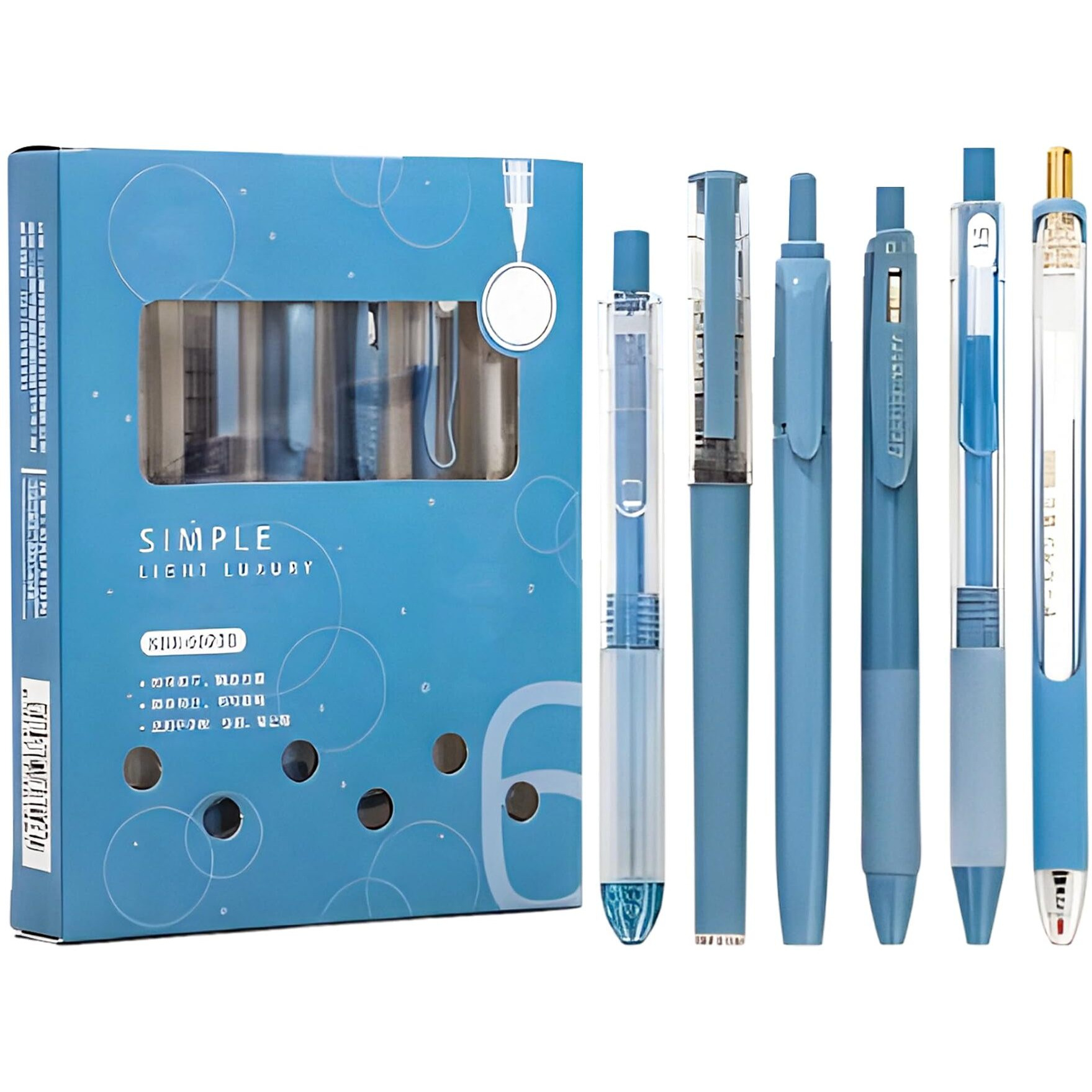 WISHKEY Stylish Retractable Pens for Kids, 0.5mm Stationery Gel Pen Set for Girls & Boys, Smooth Writing, Quick Dry Ink Pens with Highlighter, Elegant Blue Pen Body, Blue Ink, 8+Years (Set of 6)